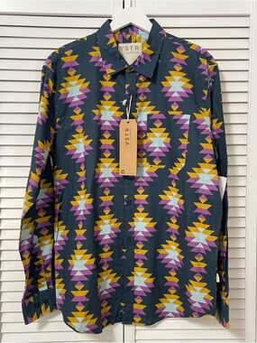 NWT VSTR Premium Mens Cotton Long Sleeve Button Up Shirt Southwestern Aztec Blue